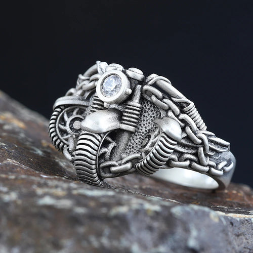 Antique Skull Punk Rock Haulage Motor Bicycle Tire Motorcycle Chain Sterling Silver Ring
