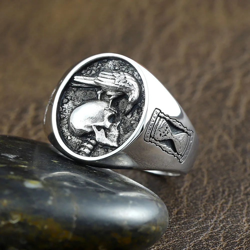 Skull Forever Memento Mori eagle Sand Glass Memory of Death Flower Sterling Silver Ring
