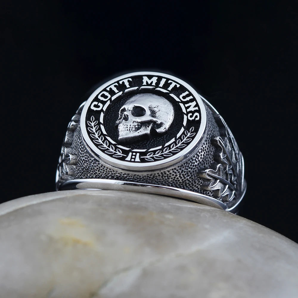 Skull Memento Mori Gott Mit Uns For Men Sterling Support Custom Silver Ring