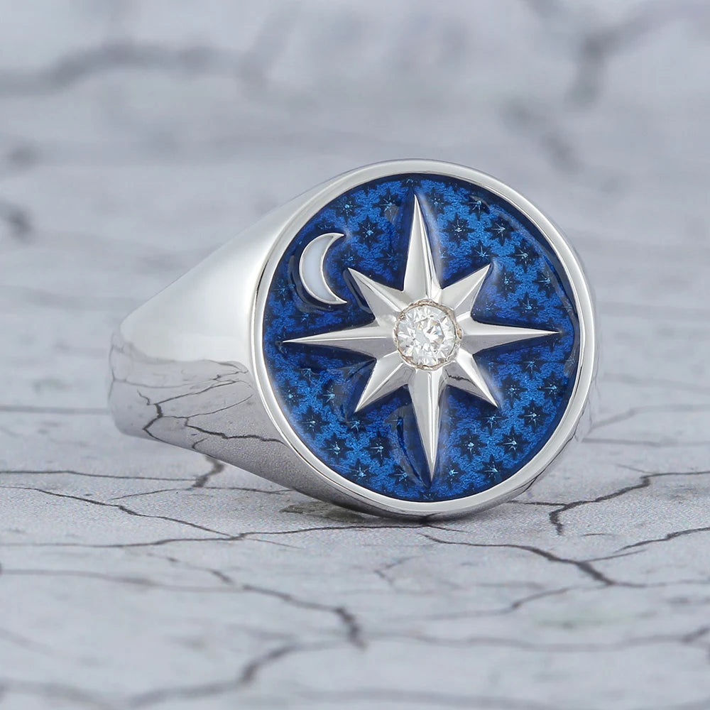 North Star Sky Moon Polaris Blue Sterling Silver Ring