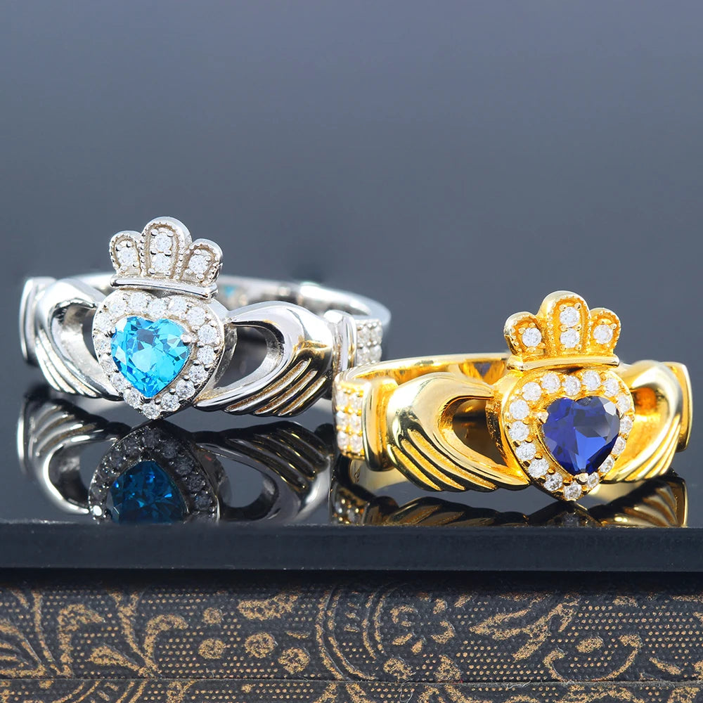 Heart Shaped Scottish Lrish Crown Hands Ireland sterling silver ring