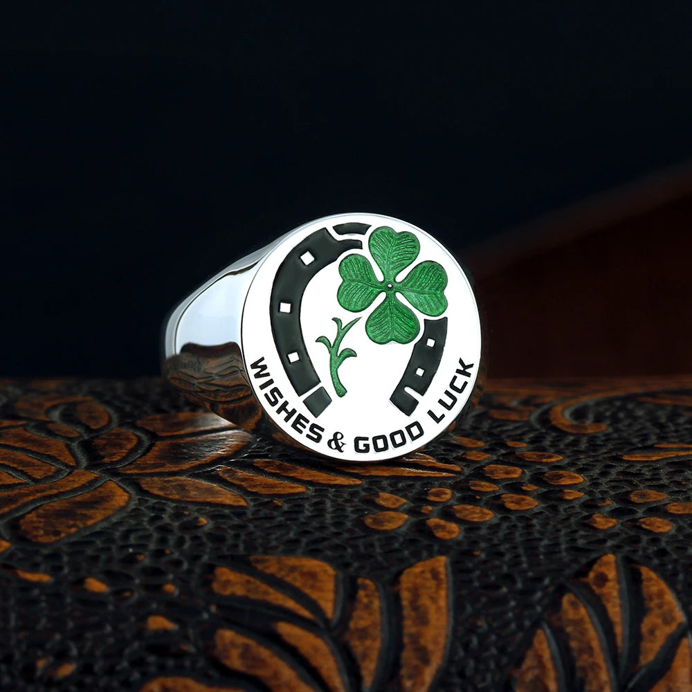Good Luck Prayers for You and Me Four Leaf Clover Horseshoe Sterling Silver Rings
