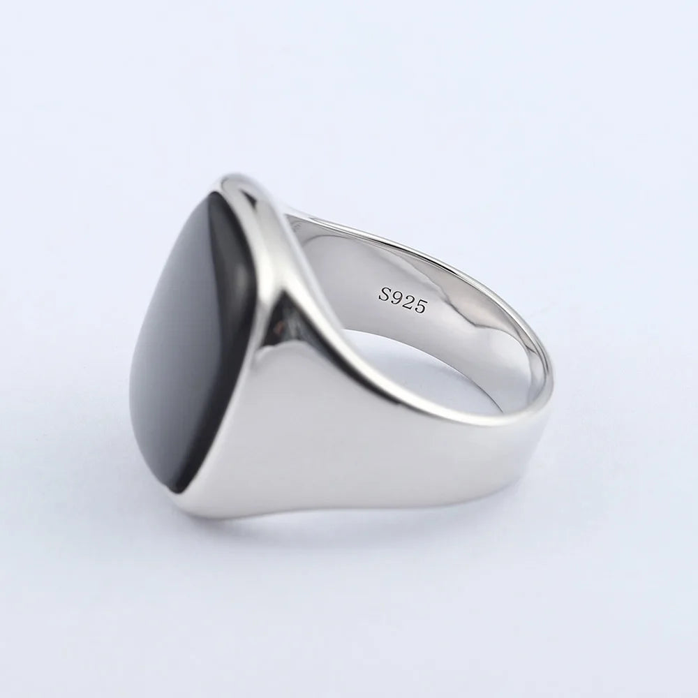 Fashion Black Agate Solid Back Relucent Sterling Silver Ring