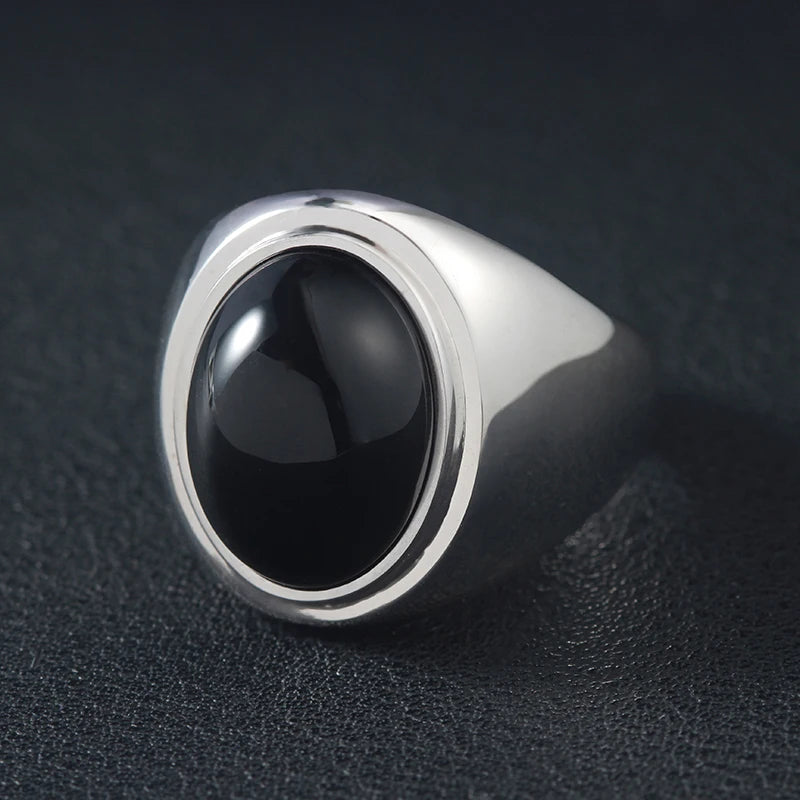 Black Agate Men's Alpha Beta Gamma Capital Letter 925 Sterling Silver Ring