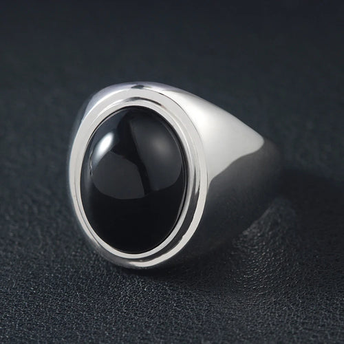 Black Agate Men's Alpha Beta Gamma Capital Letter 925 Sterling Silver Ring