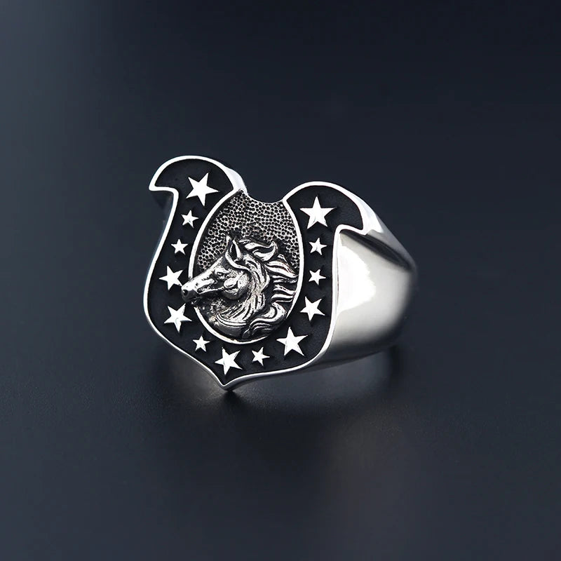 Lucky Horseshoe U-shaped Horse Head 925 Sterling Silver Amulet Good Luck Ring