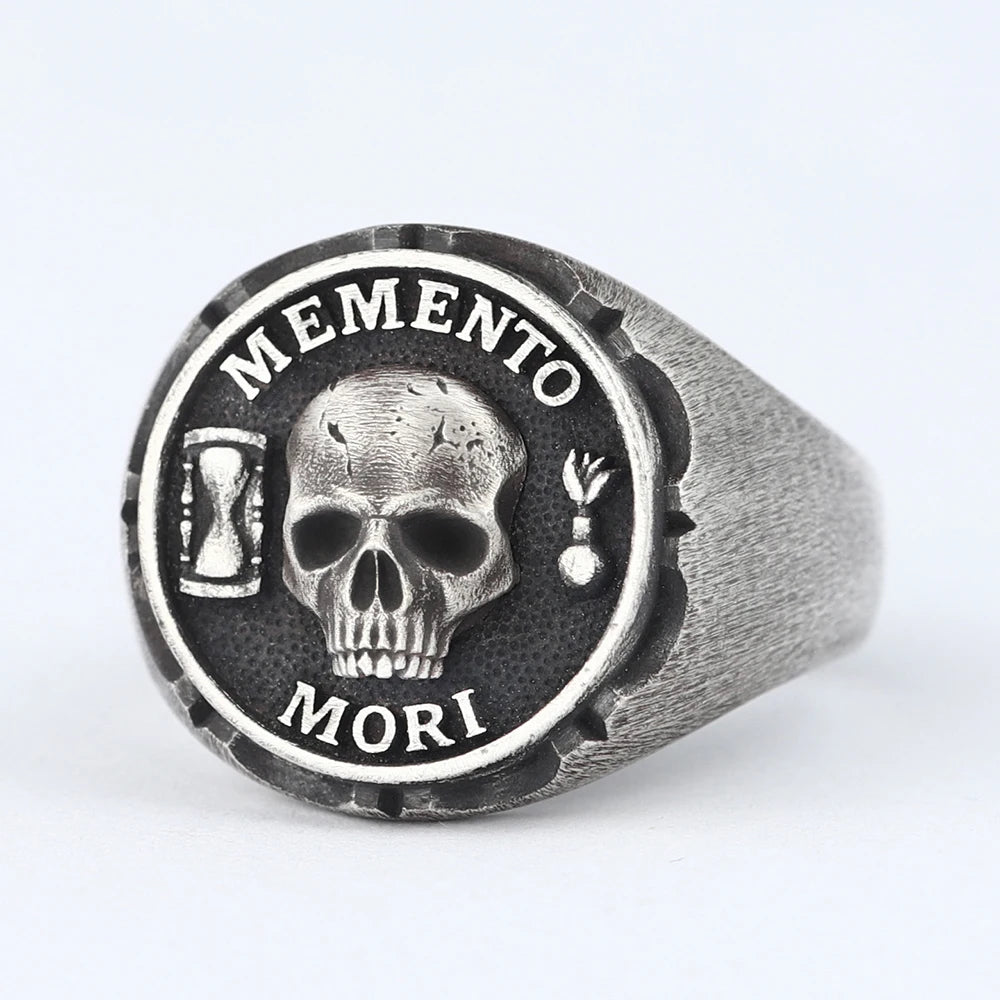 Antique Skull Memento Mori Dead Head Sand Glass Rose Love Endures Forever Silver Ring