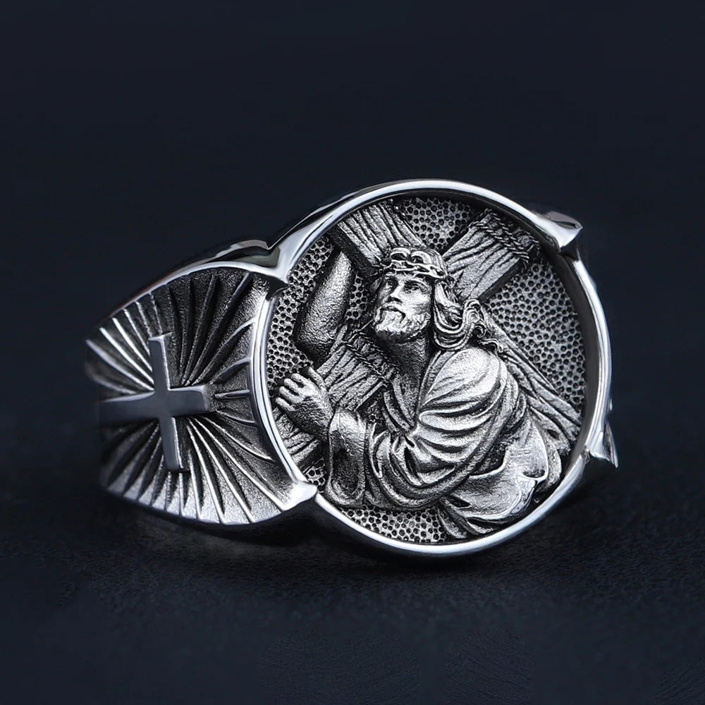Cross Jesus Catholic Religious Christian Amulet Memorial Silver Ring