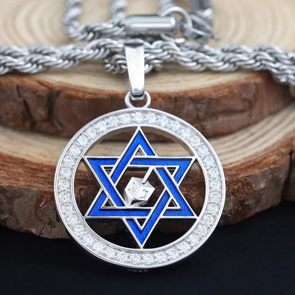 Blue Star Of David Hanukkah Dreidel Paved stones Punk 925 Sterling Silver Pendant
