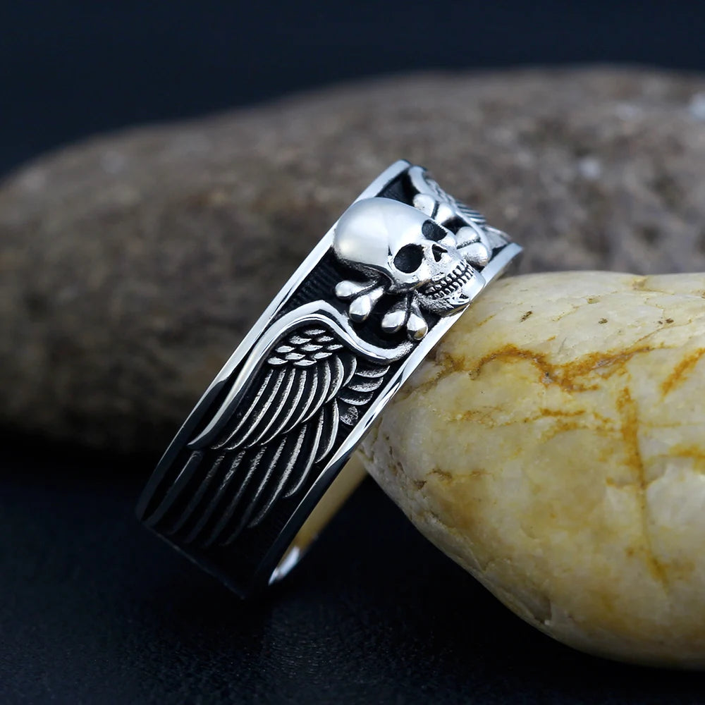 Death Sskeleton Motorbike Gothic Design Skull  Wing Punk Silver Ring