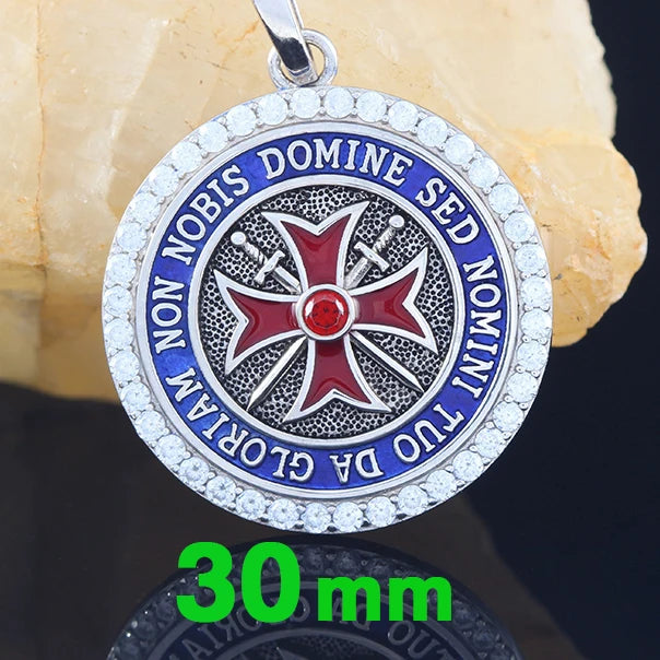 Knights Templar Spirit Convexity Round Red Cross Frame Sword Sterling Silver Pendant Necklace