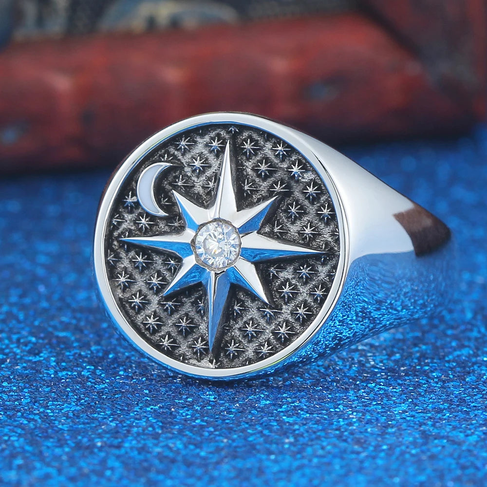 North Star Sky Moon Polaris Blue Sterling Silver Ring