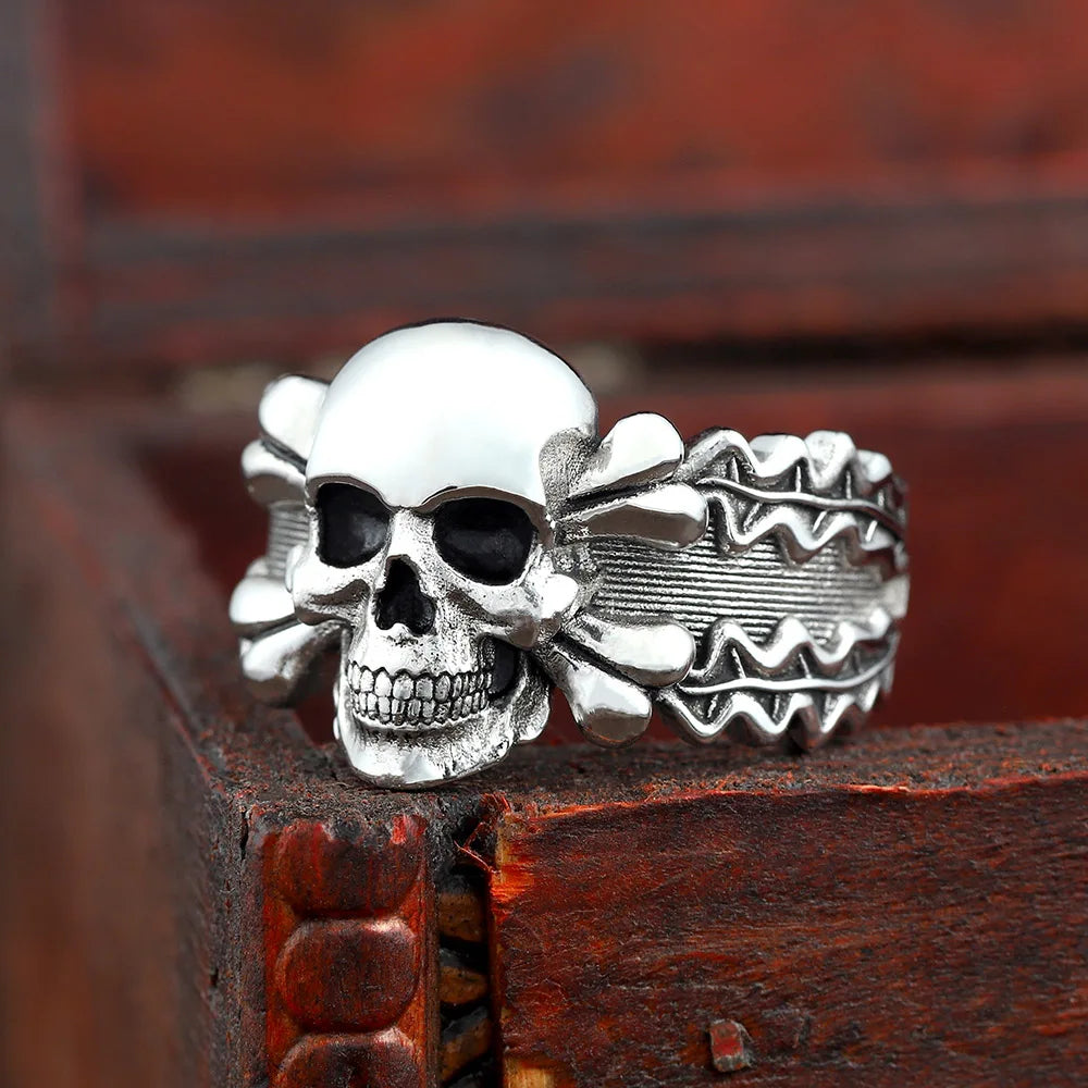 Vintage Retro Death Skull Head Bones Leaf Germany Memorial Silver Ring