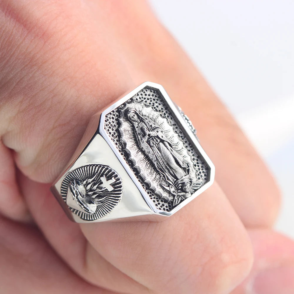 The Heart of Our Lady Virgin Mary Sacred Heart Of Jesus Pray And Faith Sterling Silver Ring