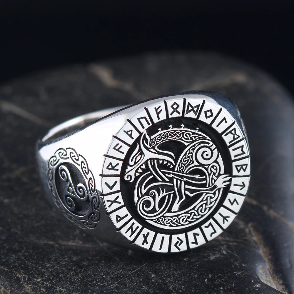 Ancient Viking Rune Dragon Totem Sterling Silver Ring