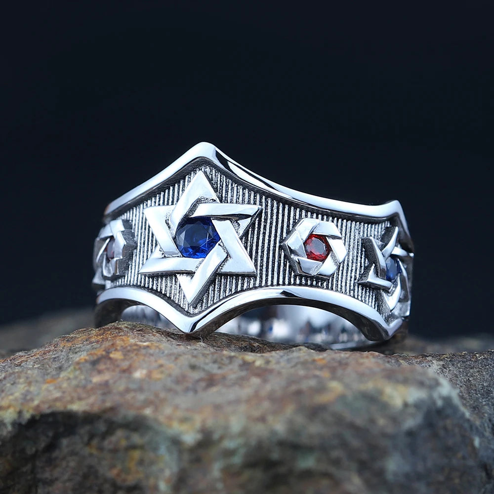 Star of David Sexangular Seal of Solomon Hebrew Symbol Inlaid stones Sterling Silver Ring