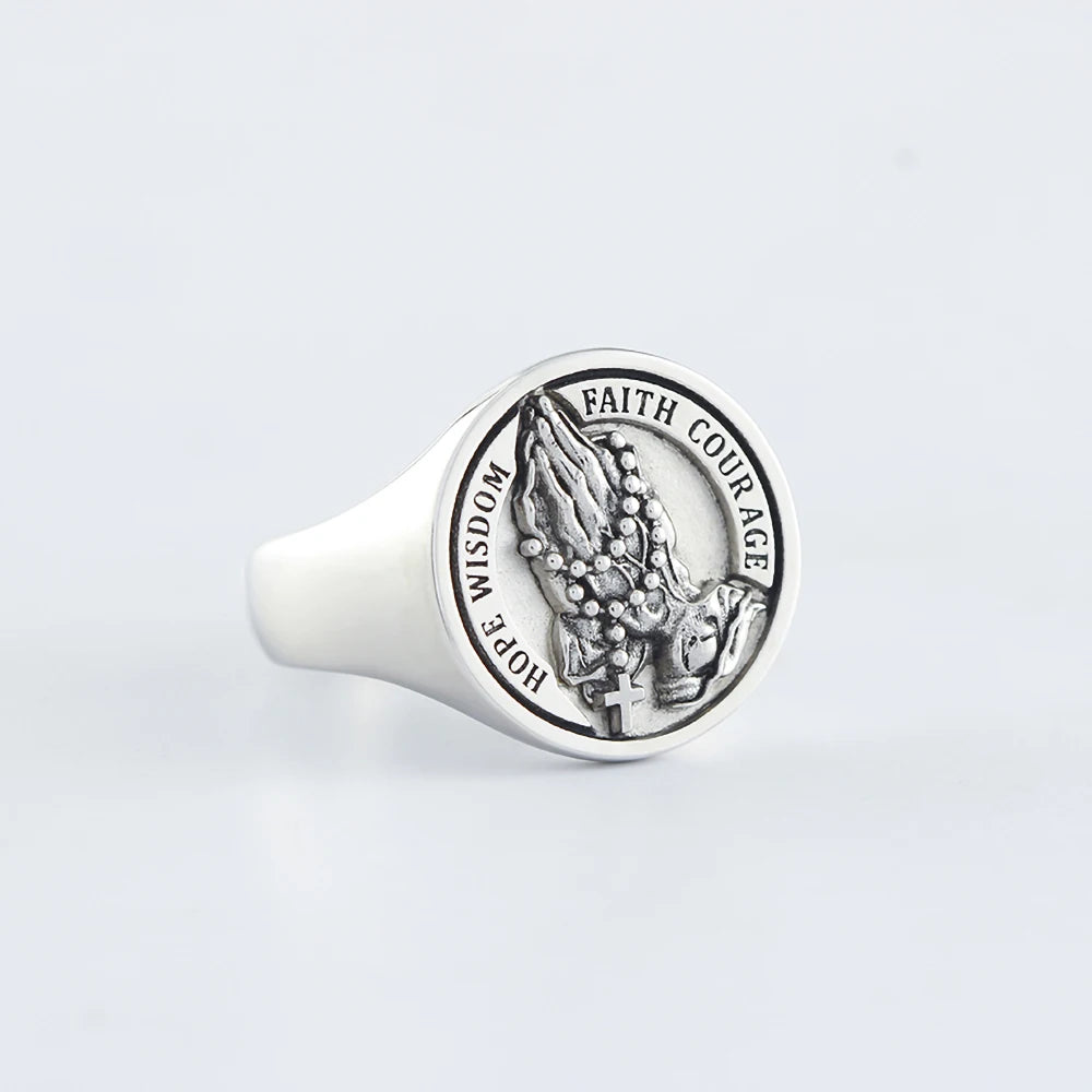 Praying Hands Jesus Christ Cross Hope Wisdom Faith Courage Pray For Us Silver Ring