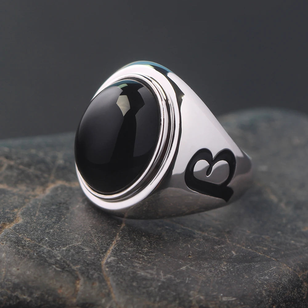 Black Agate Men's Alpha Beta Gamma Capital Letter 925 Sterling Silver Ring