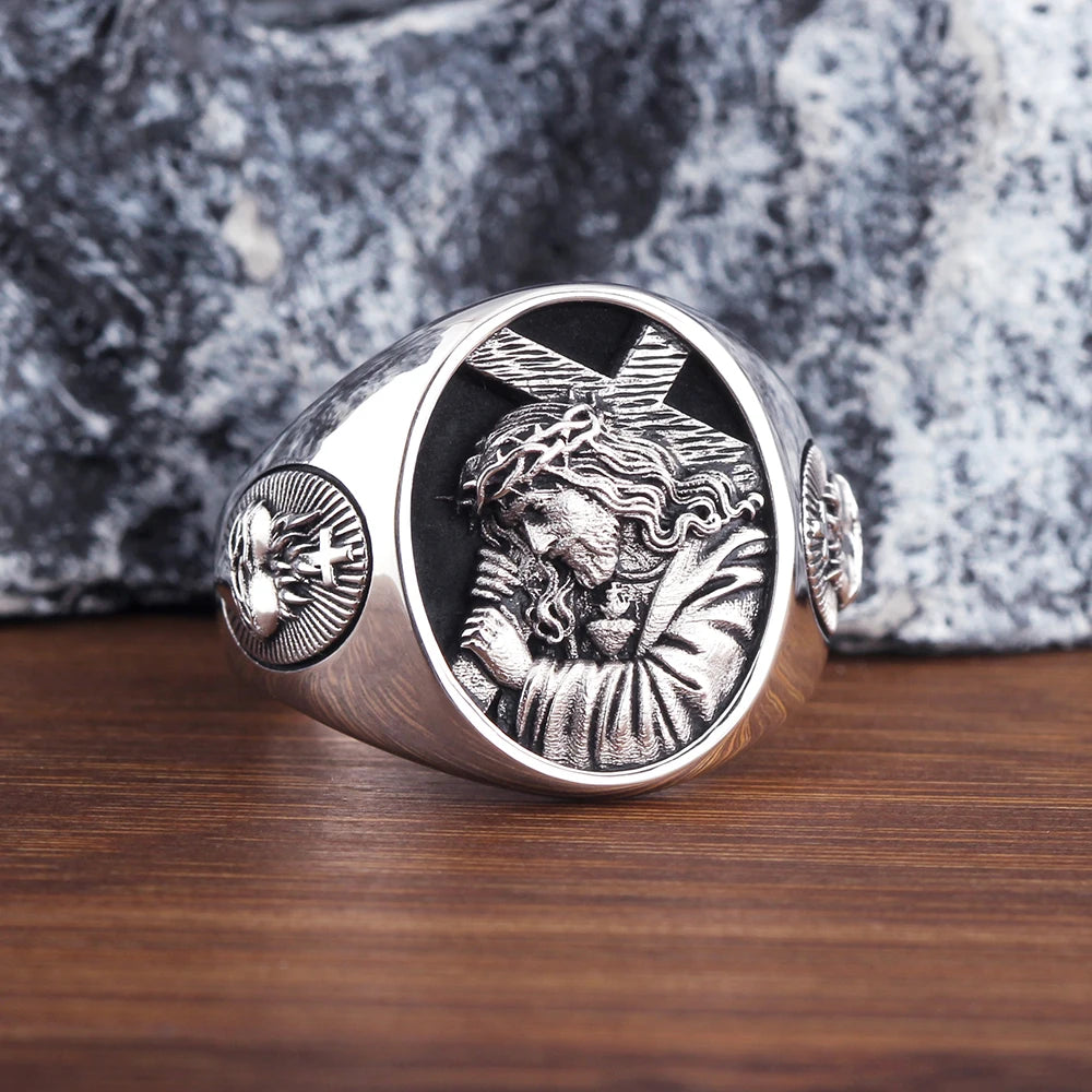 Jesus Catholic Christian Cross Religious Amulet Memorial to suffering Heart of the Virgin Silver Ring
