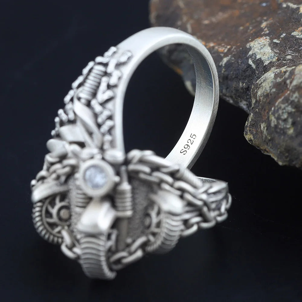 Antique Skull Punk Rock Haulage Motor Bicycle Tire Motorcycle Chain Sterling Silver Ring
