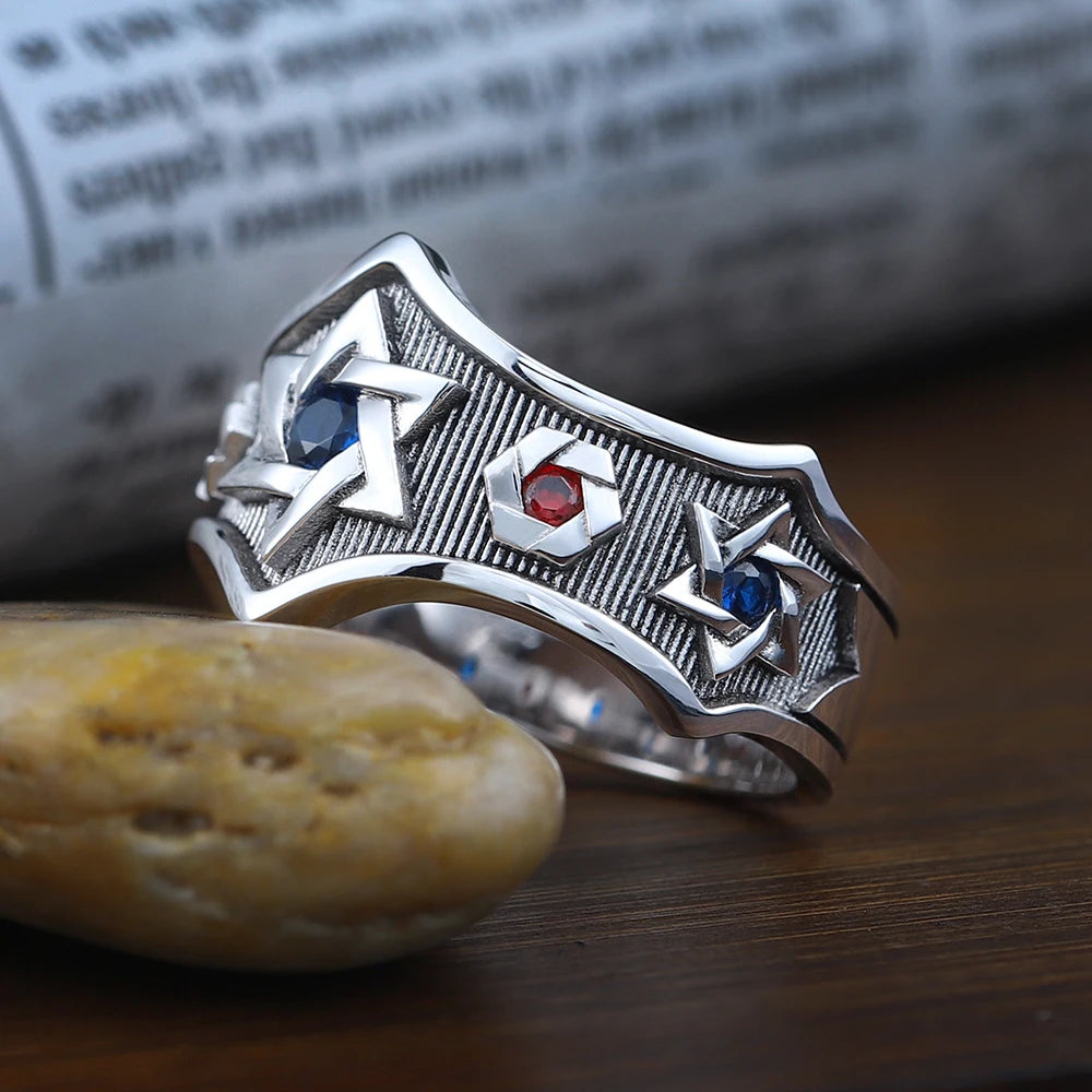 Star of David Sexangular Seal of Solomon Hebrew Symbol Inlaid stones Sterling Silver Ring