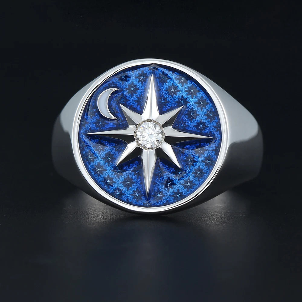 North Star Sky Moon Polaris Blue Sterling Silver Ring
