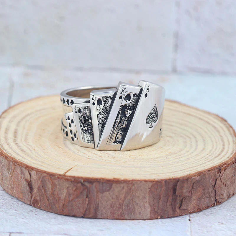 Lucky Flush Sterling Silver Men's Playing Card Ring Can Support Customization