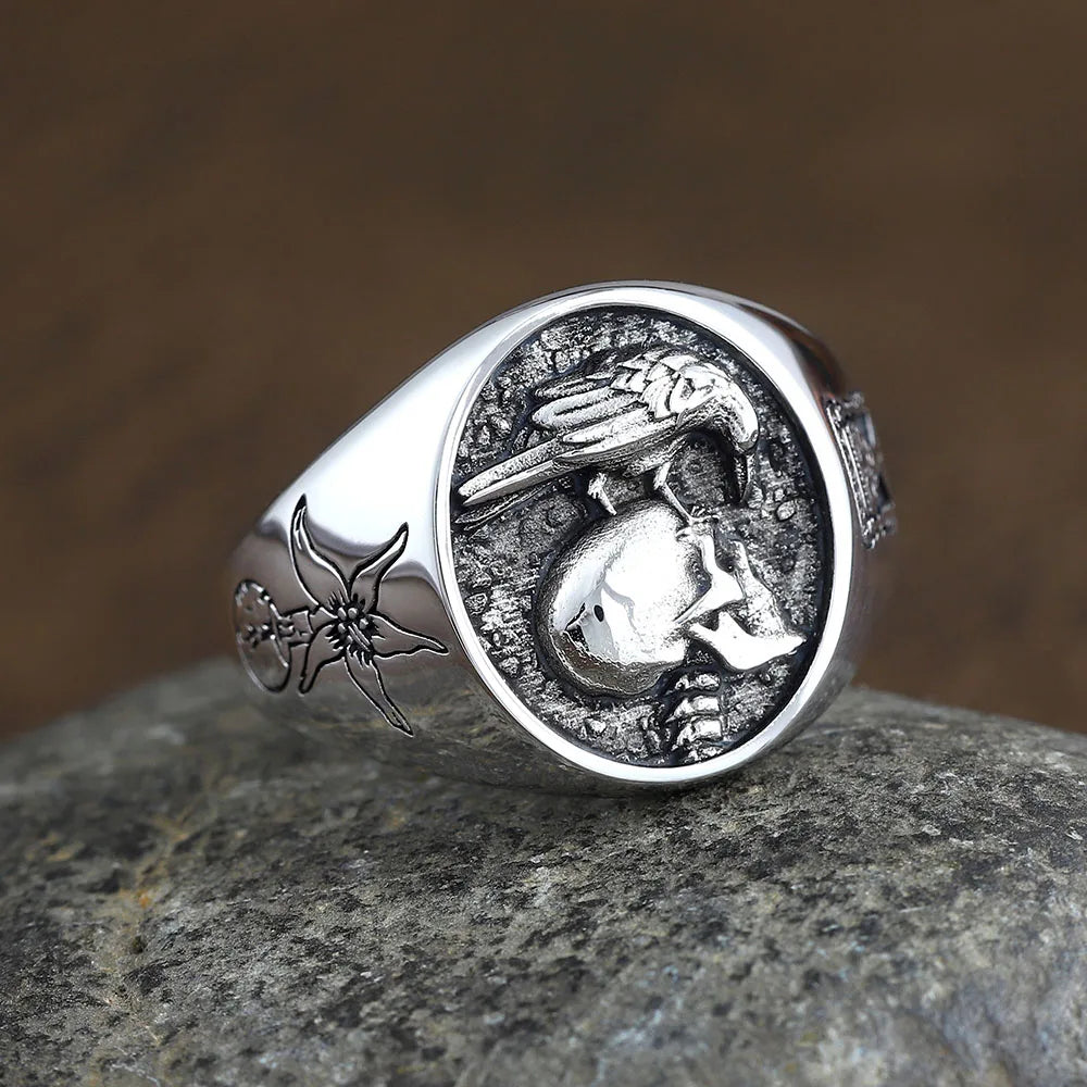 Skull Forever Memento Mori eagle Sand Glass Memory of Death Flower Sterling Silver Ring