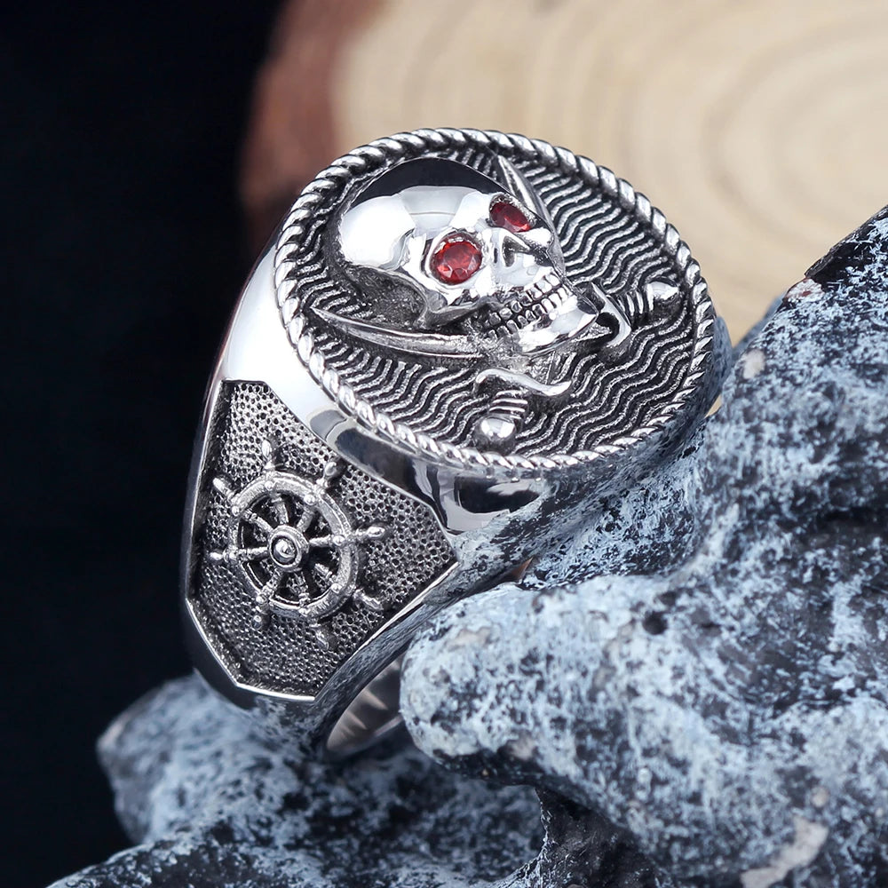 Skull Death Memento Mori Pirate Sailing Ship Anchor Rudder Sterling Silver Ring