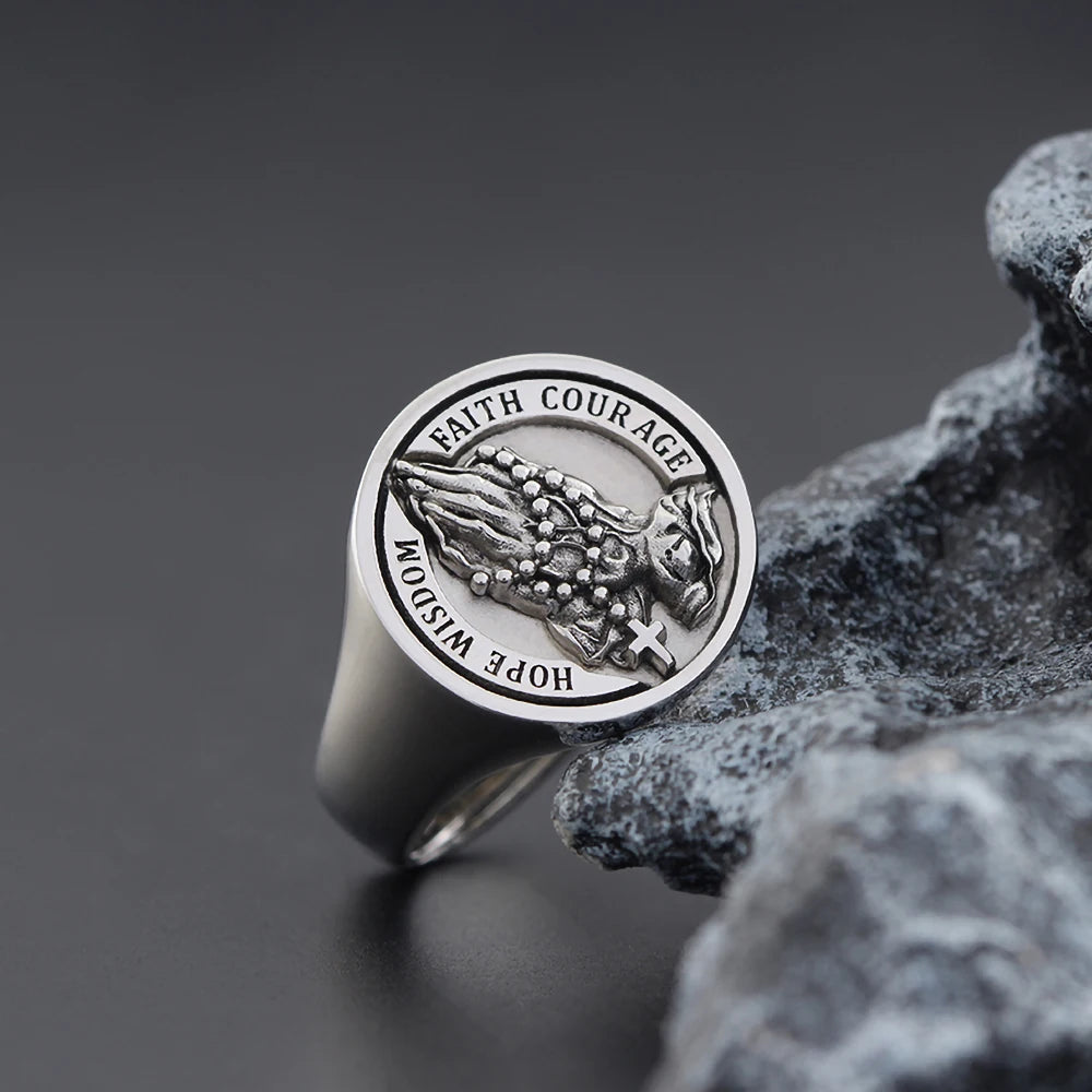 Praying Hands Jesus Christ Cross Hope Wisdom Faith Courage Pray For Us Silver Ring