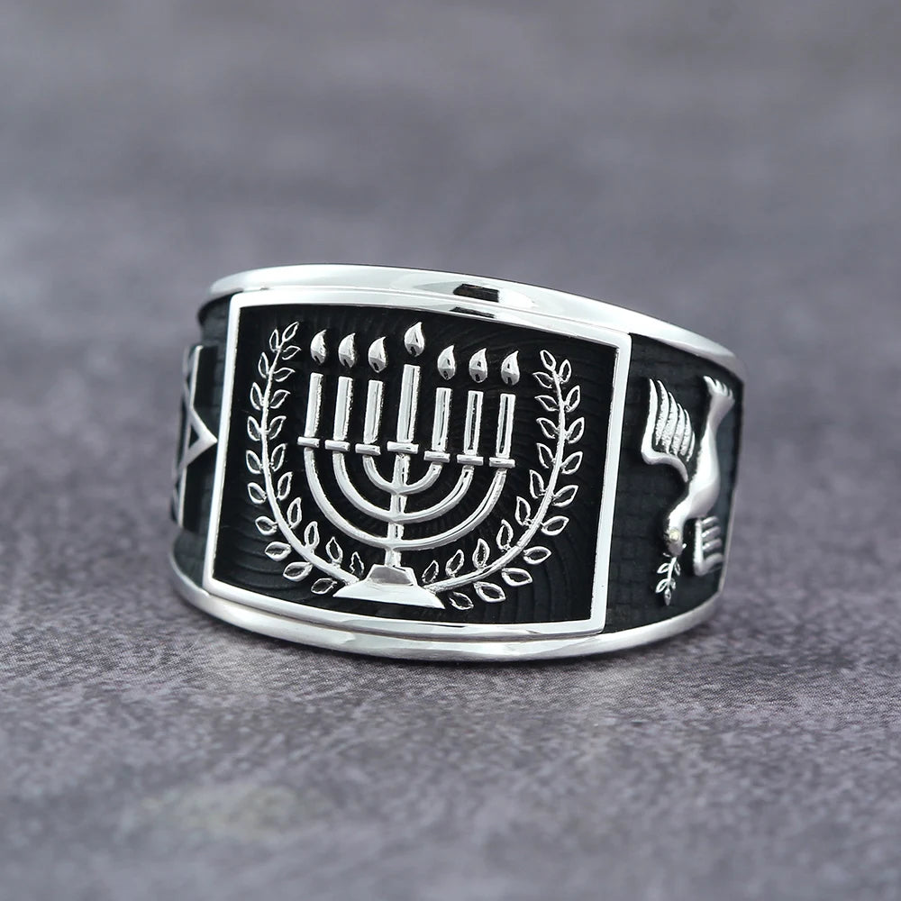 Classical Hebrew Menorah Hanukkah David Star Peace Dove Silver Ring