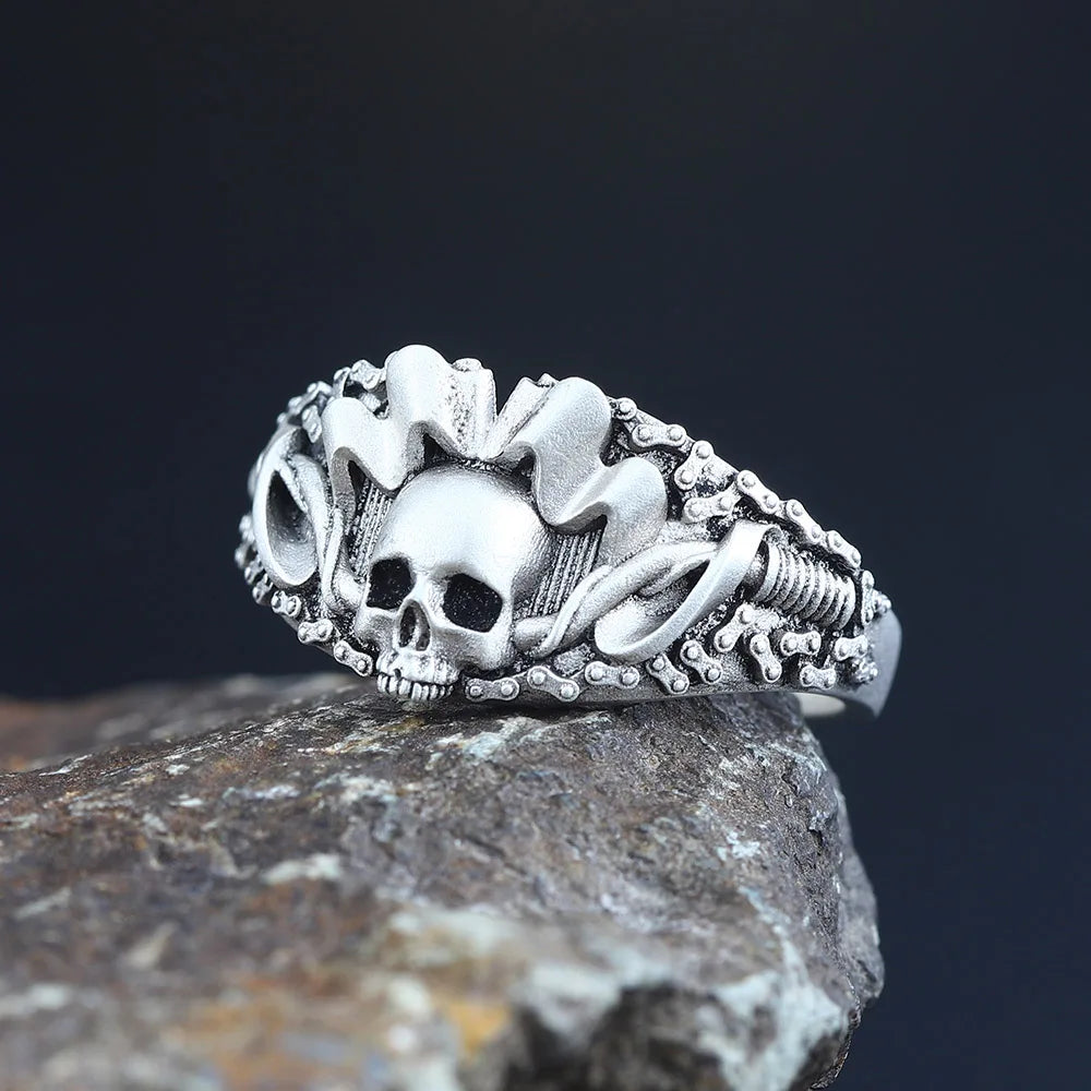 Antique Skull Punk Rock Haulage Motor Bicycle Tire Motorcycle Chain Sterling Silver Ring