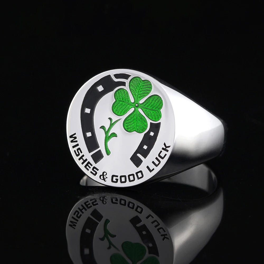 Good Luck Prayers for You and Me Four Leaf Clover Horseshoe Sterling Silver Rings