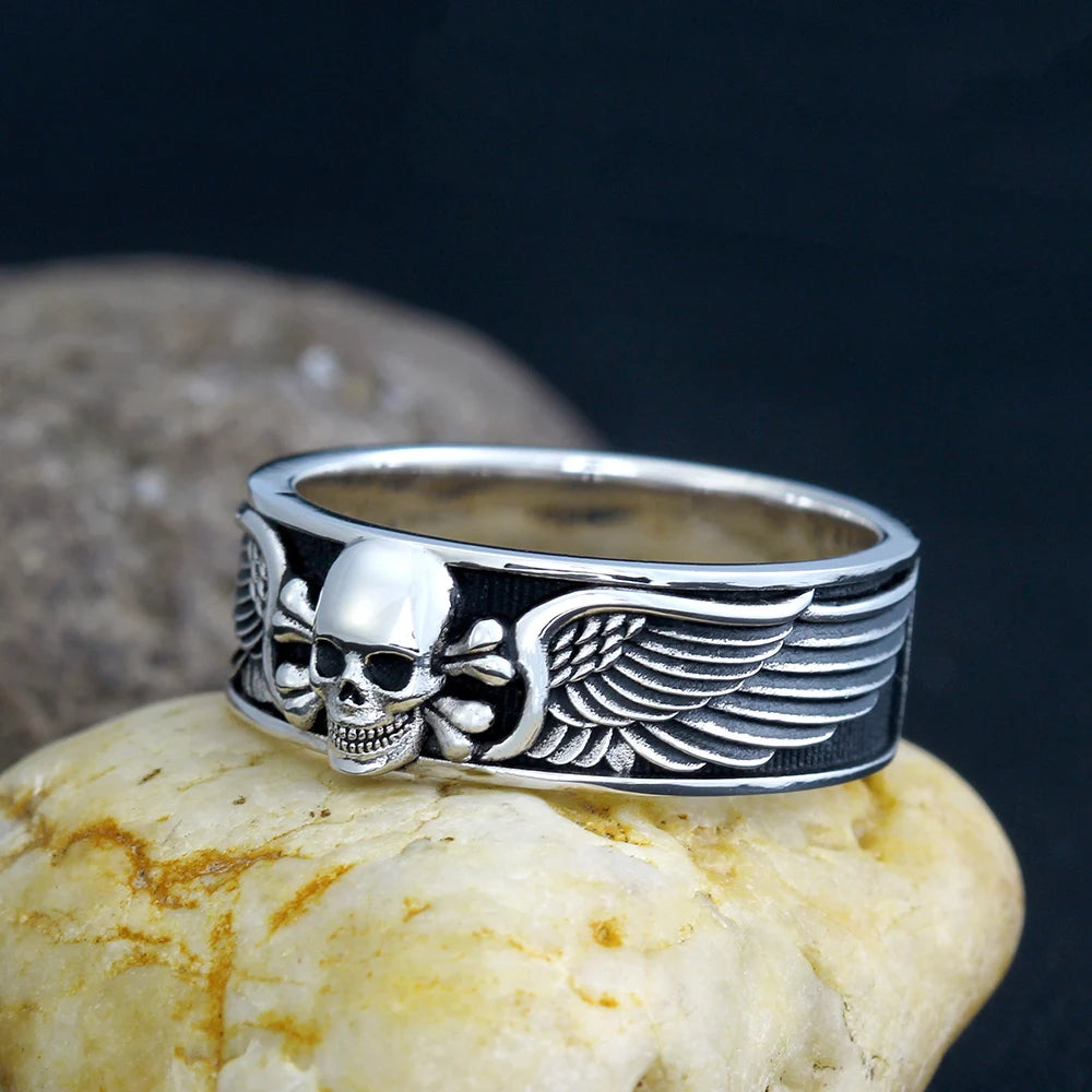 Death Sskeleton Motorbike Gothic Design Skull  Wing Punk Silver Ring