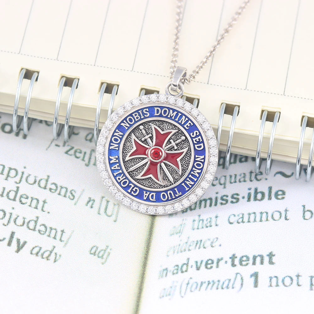 Knights Templar Spirit Convexity Round Red Cross Frame Sword Sterling Silver Pendant Necklace