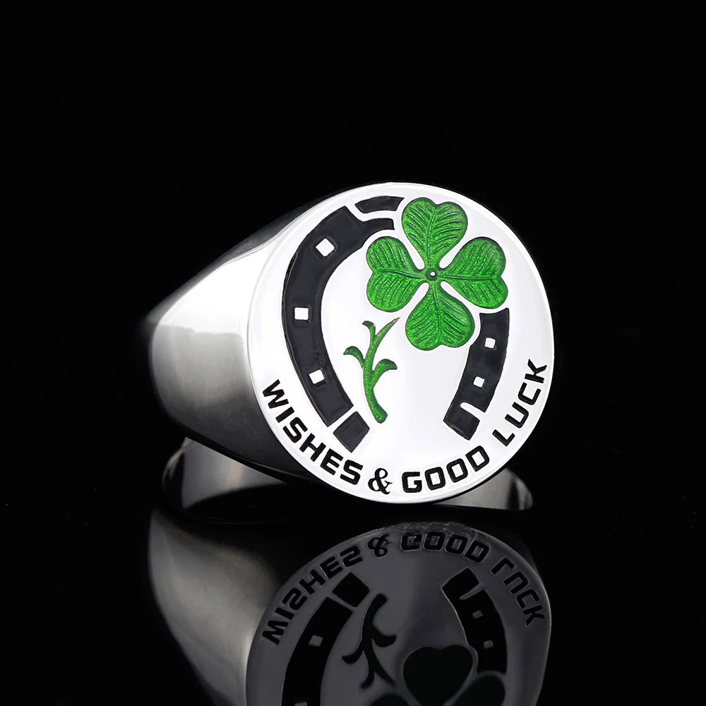 Good Luck Prayers for You and Me Four Leaf Clover Horseshoe Sterling Silver Rings