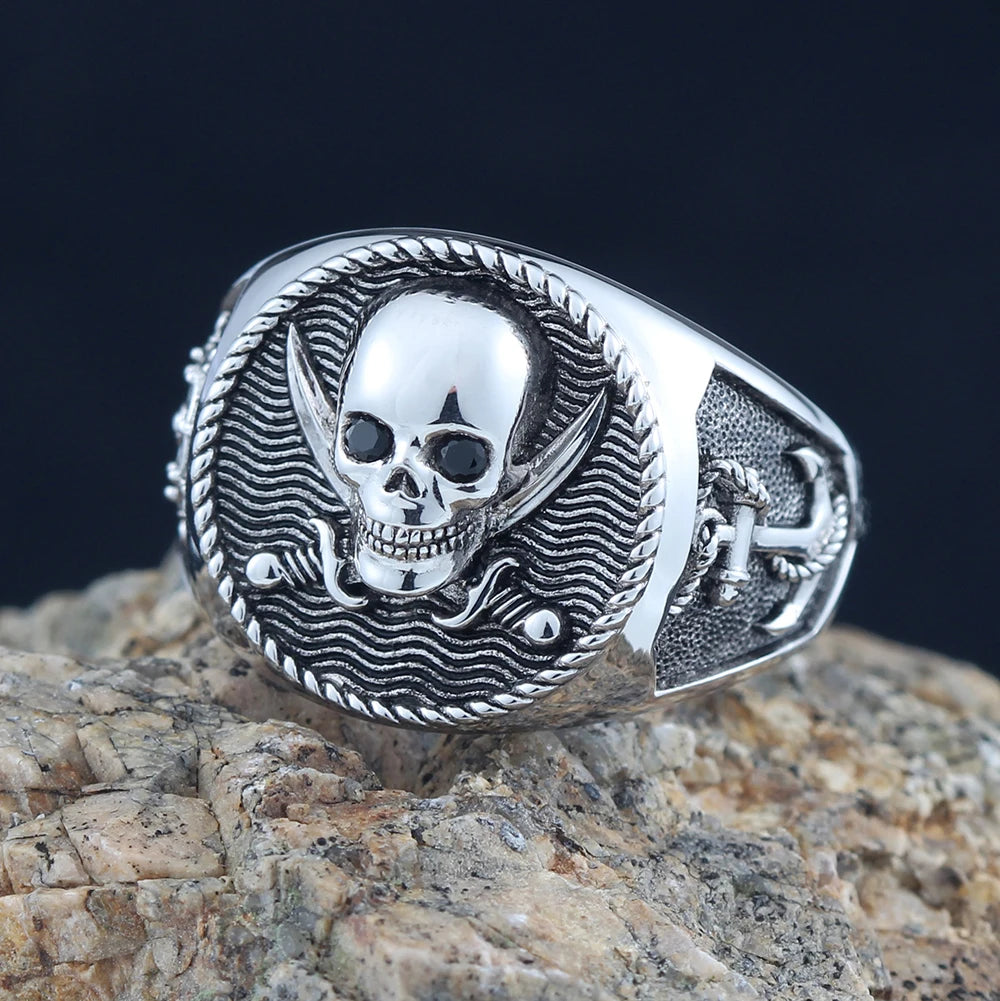 Skull Death Memento Mori Pirate Sailing Ship Anchor Rudder Sterling Silver Ring