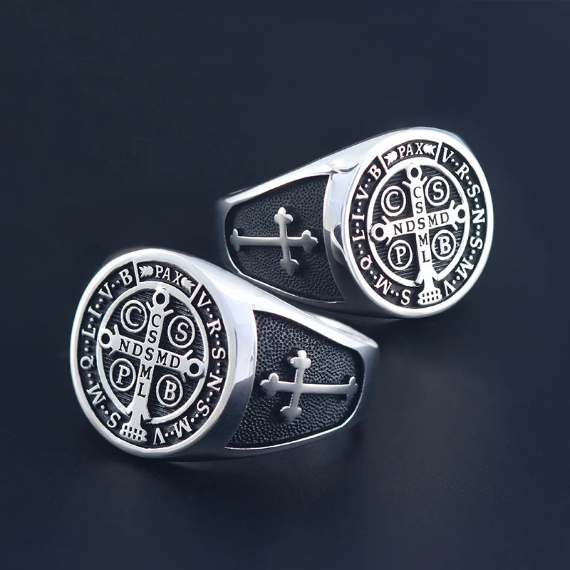 Cross of Saint Benedict Catholic Talisman Ring For Men