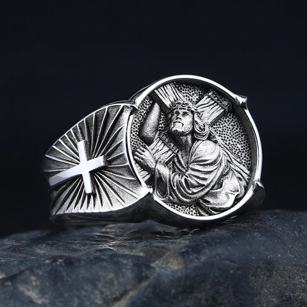 Cross Jesus Catholic Religious Christian Amulet Memorial Silver Ring