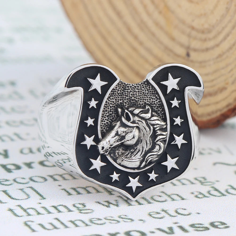 Lucky Horseshoe U-shaped Horse Head 925 Sterling Silver Amulet Good Luck Ring
