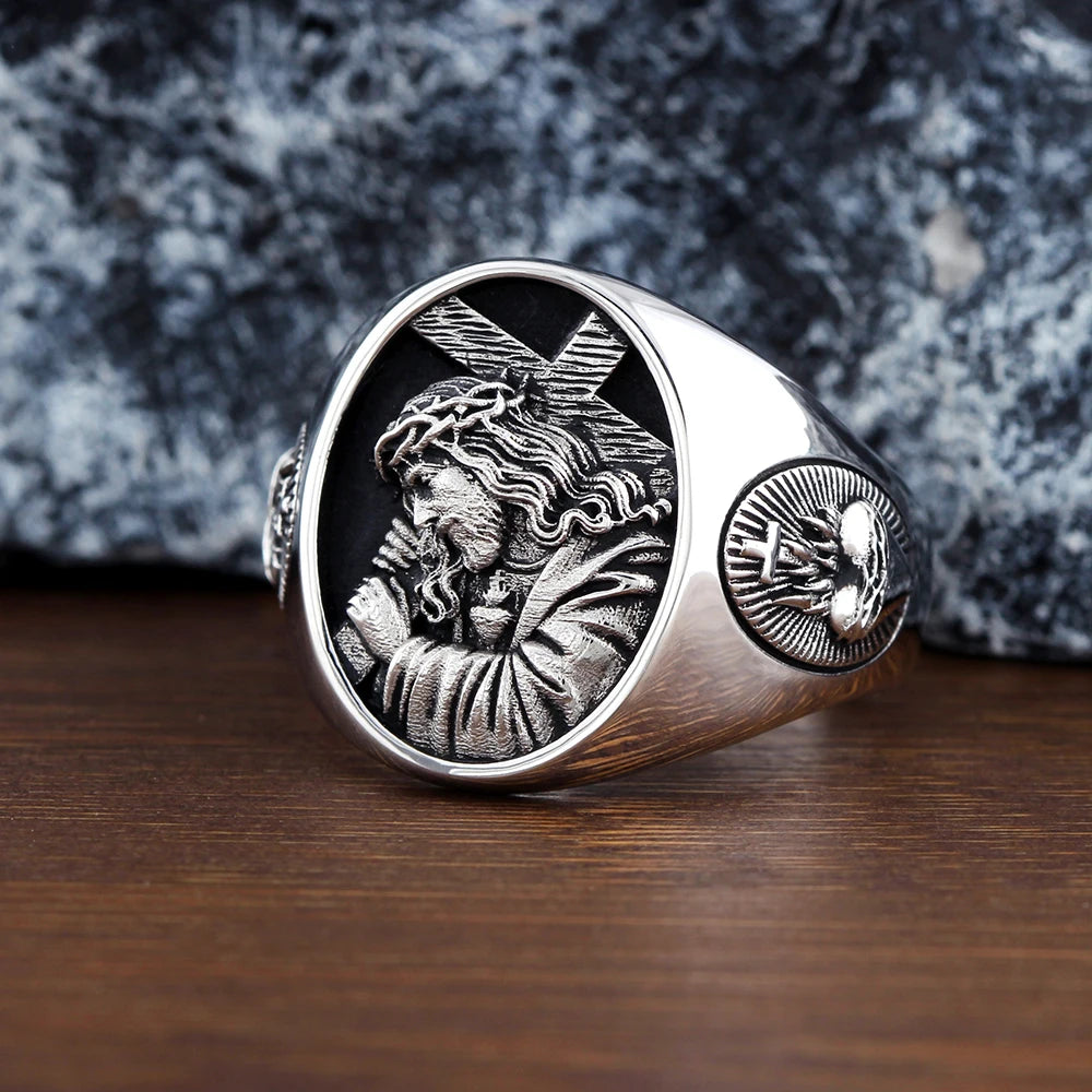 Jesus Catholic Christian Cross Religious Amulet Memorial to suffering Heart of the Virgin Silver Ring