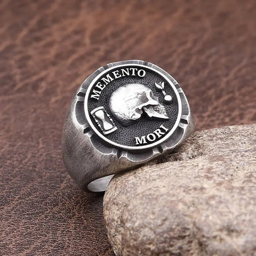 Antique Skull Memento Mori Dead Head Sand Glass Rose Love Endures Forever Silver Ring