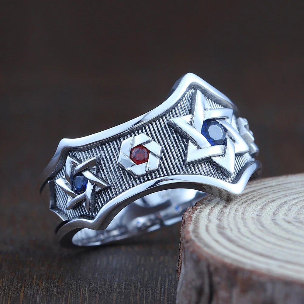 Star of David Sexangular Seal of Solomon Hebrew Symbol Inlaid stones Sterling Silver Ring