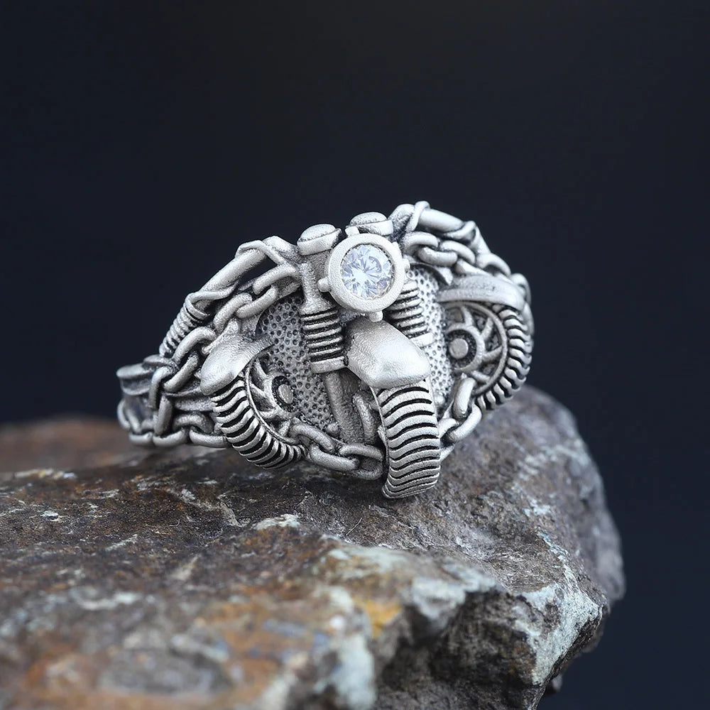 Antique Skull Punk Rock Haulage Motor Bicycle Tire Motorcycle Chain Sterling Silver Ring