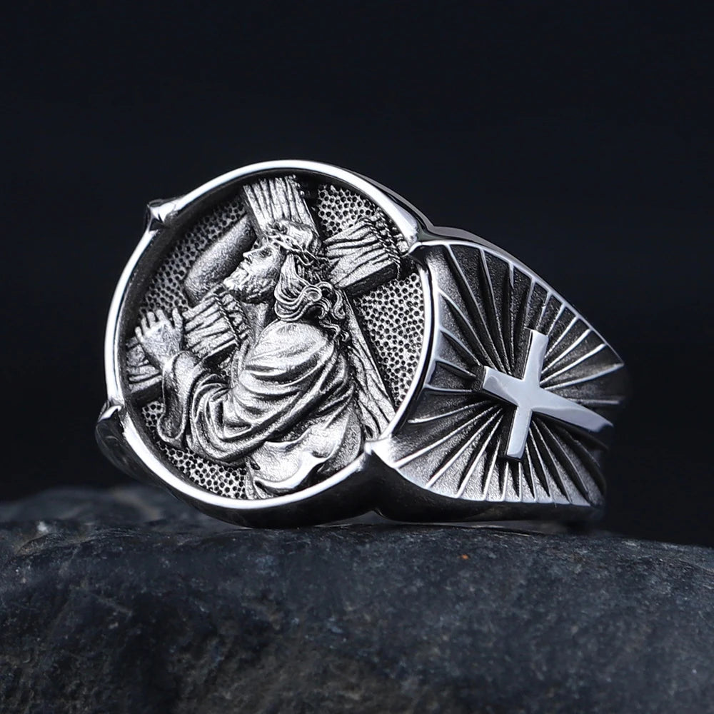 Cross Jesus Catholic Religious Christian Amulet Memorial Silver Ring