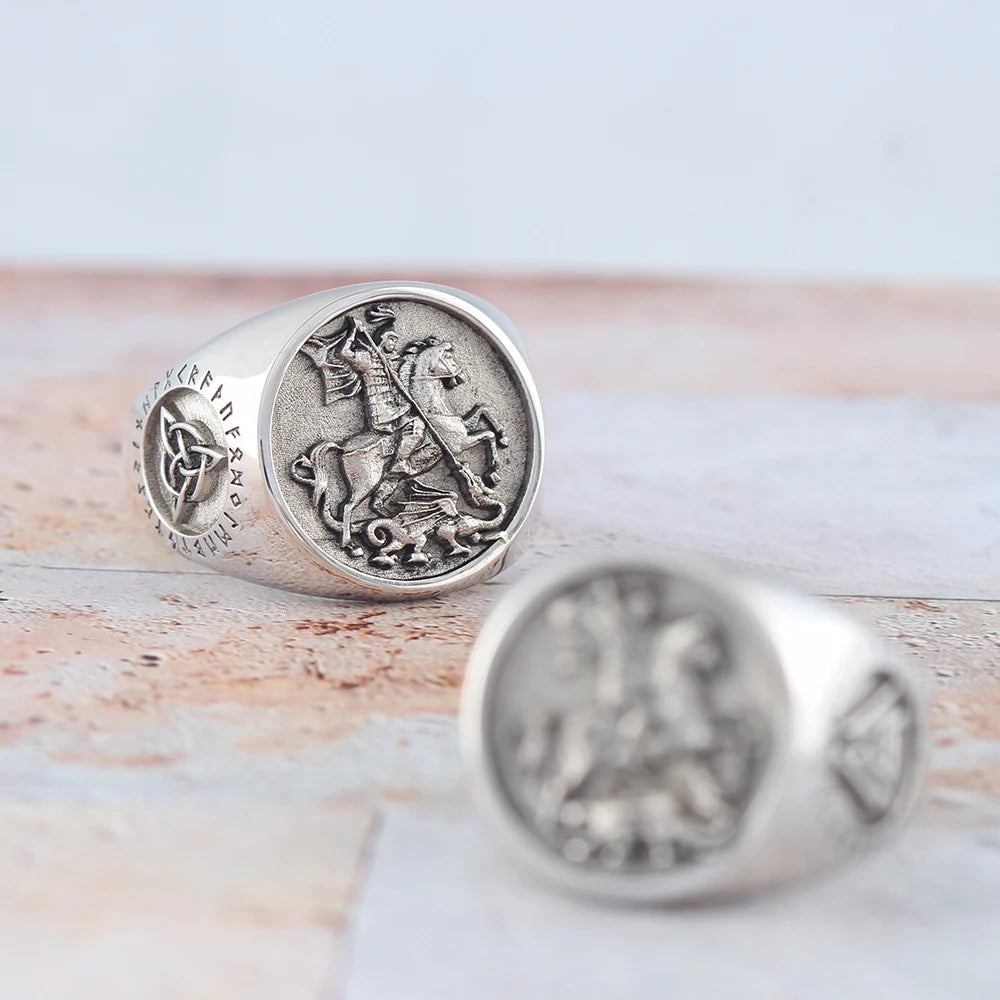 St. George The Paladin Slays Dragons Unique Sovereign Expeditions Equestrian Viking Sterling Silver Ring