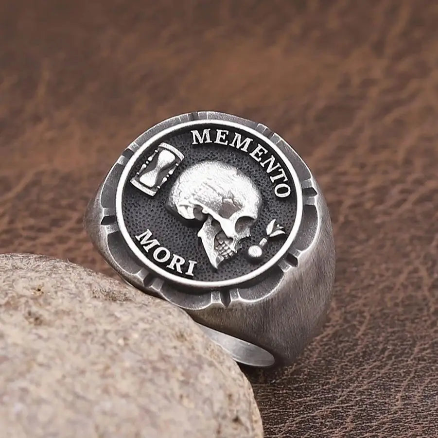 Antique Skull Memento Mori Dead Head Sand Glass Rose Love Endures Forever Silver Ring