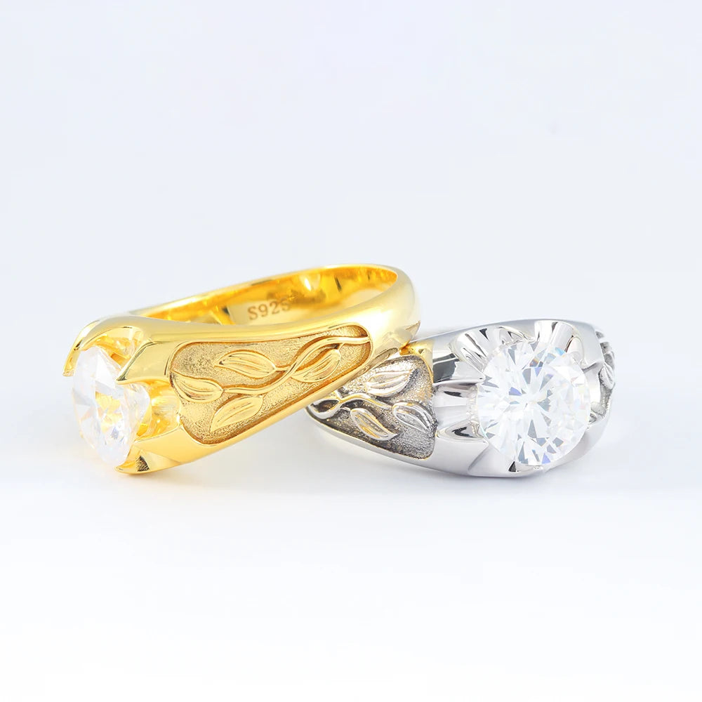 Custom-made Popular Leaf Inlaid Stone Wedding Moissanite Sterling Silver Ring