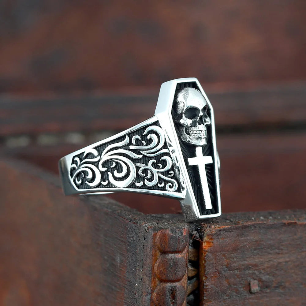 Memorial Of Die Cross Death Skull Gravestone Souvenir Silver Ring