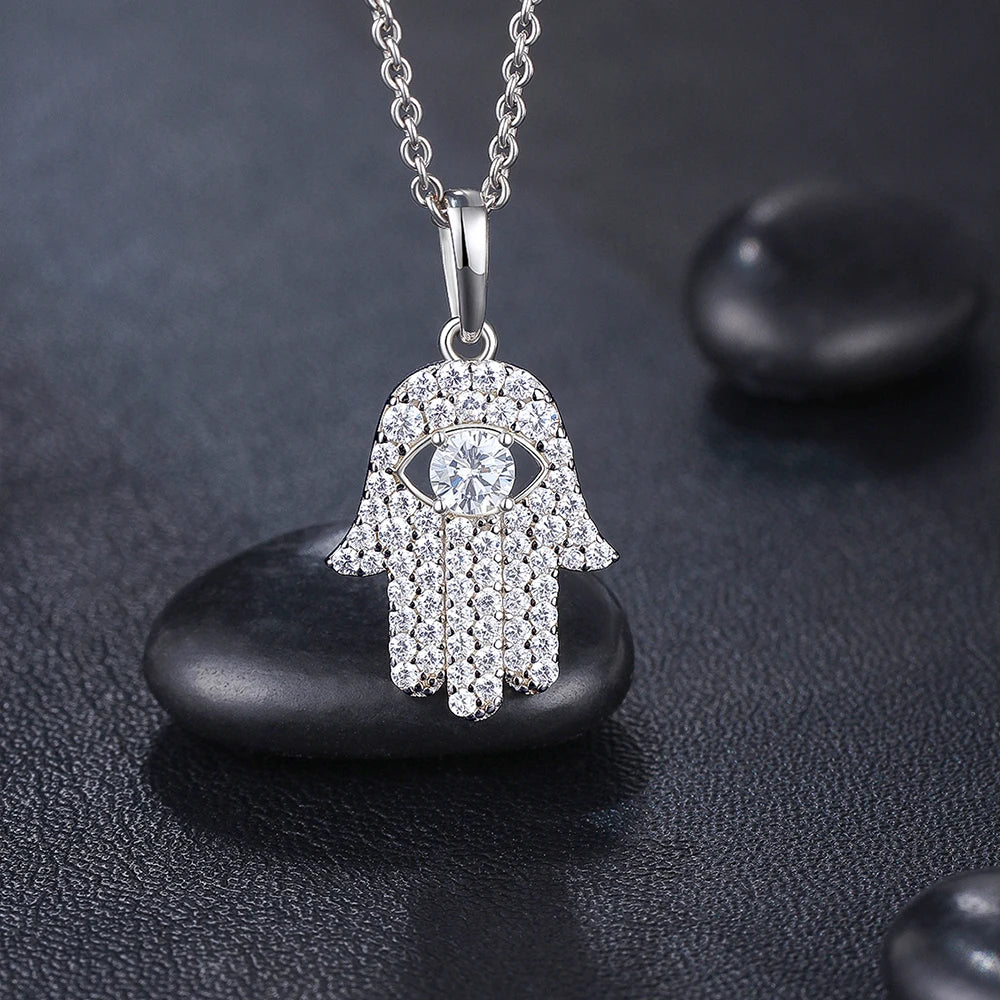 Lucky Hand Bohemian Folk Style Fatima Hand  Eyes Palm Diamond Necklace Pendant